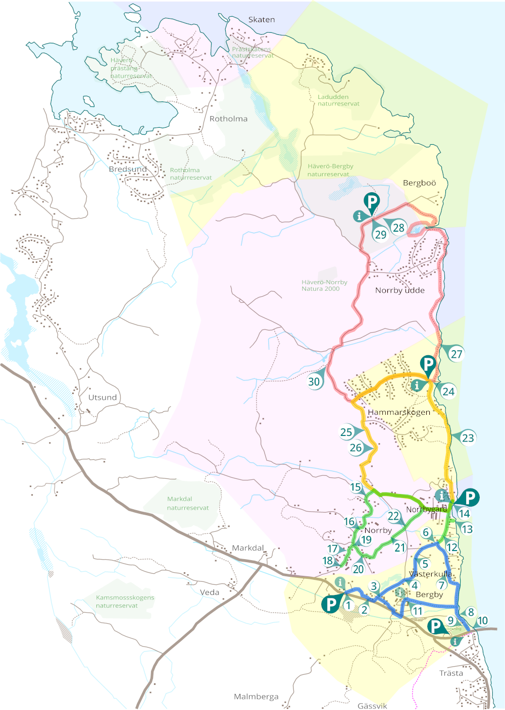 Karta över nordöstra Häverö, med byarna Bergby-Västerkulla i gult och Norrby i rött, samt arbetsunderlag till cirkeln på potentiella skyltplatser.