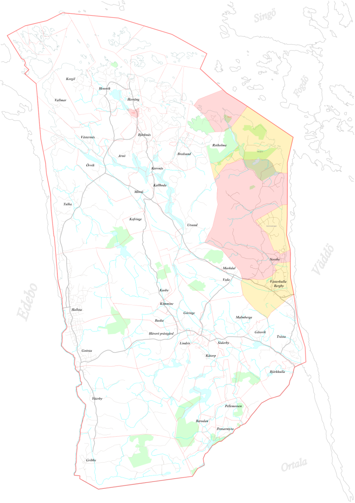 Häverö sockens byar - Bergby/Västerkulla i gult, Norrby i rött.