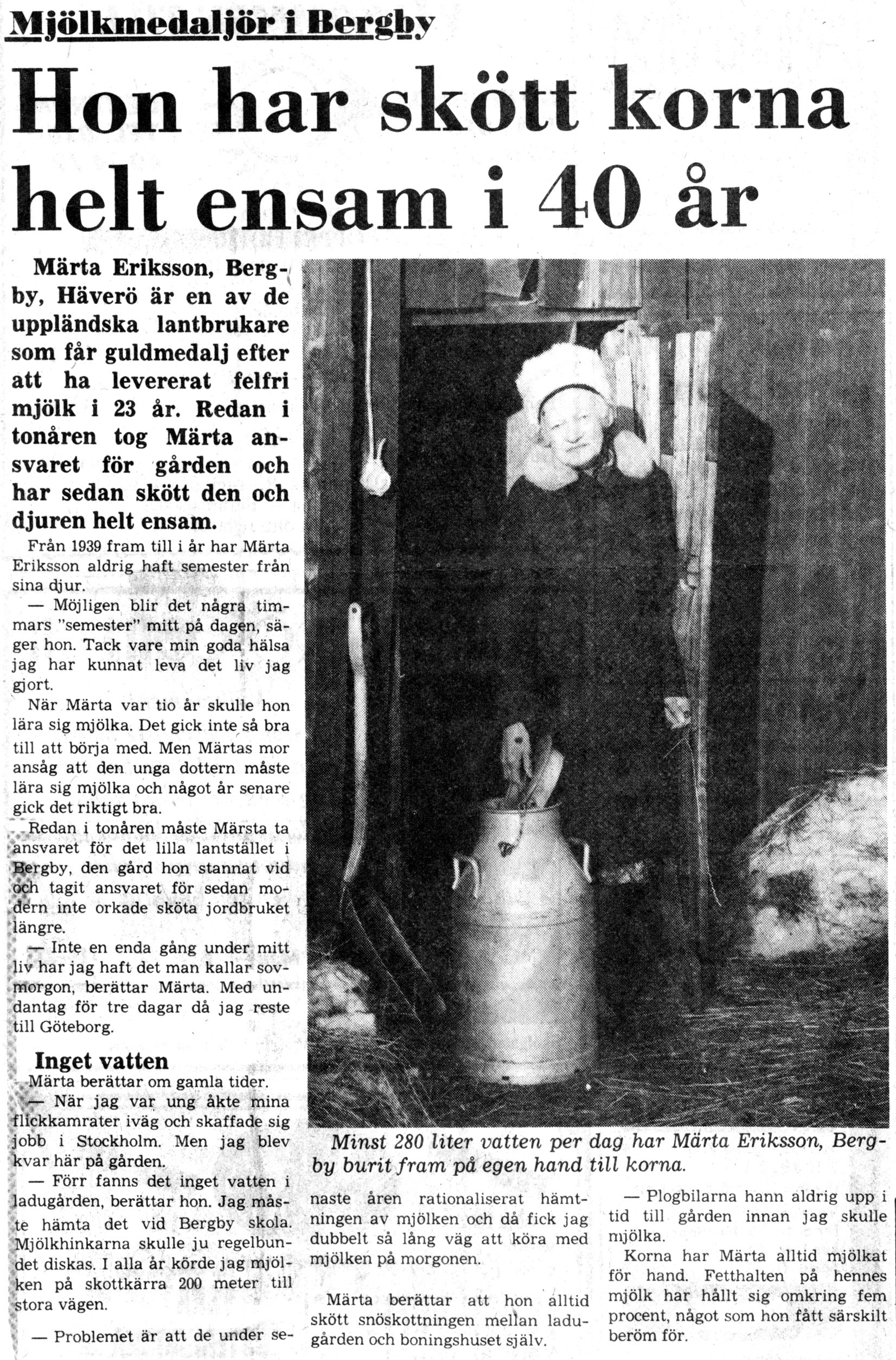 Artikel om Märta (Ol-Pers) Eriksson som fått guldmedalj efter att ha levererat felfri mjölk i 23 år.