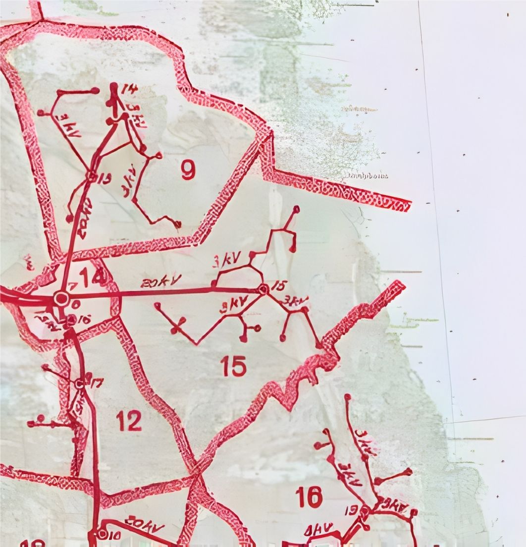 Karta över Elnätet 1925. Våra byar tillhör område 15 på kartan och ingår i Väddö Elektriska distributionsförening.