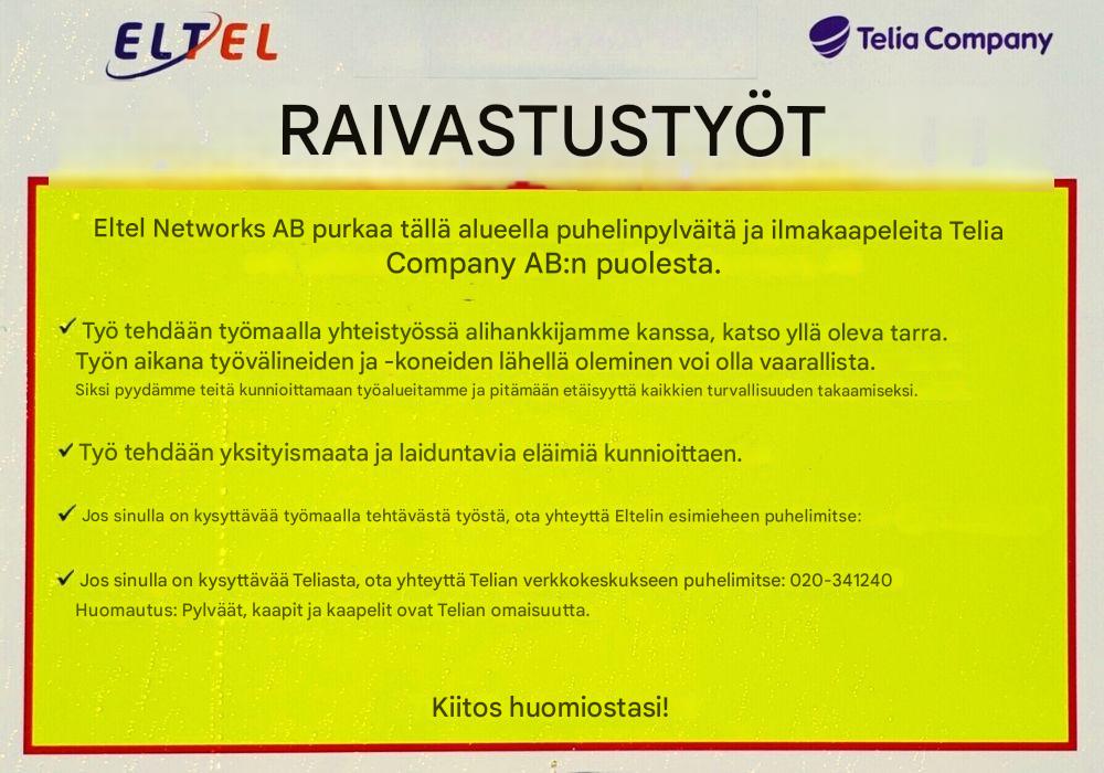 Telialta kyltti puhelinlinjojen purkutöiden ilmoittamisesta