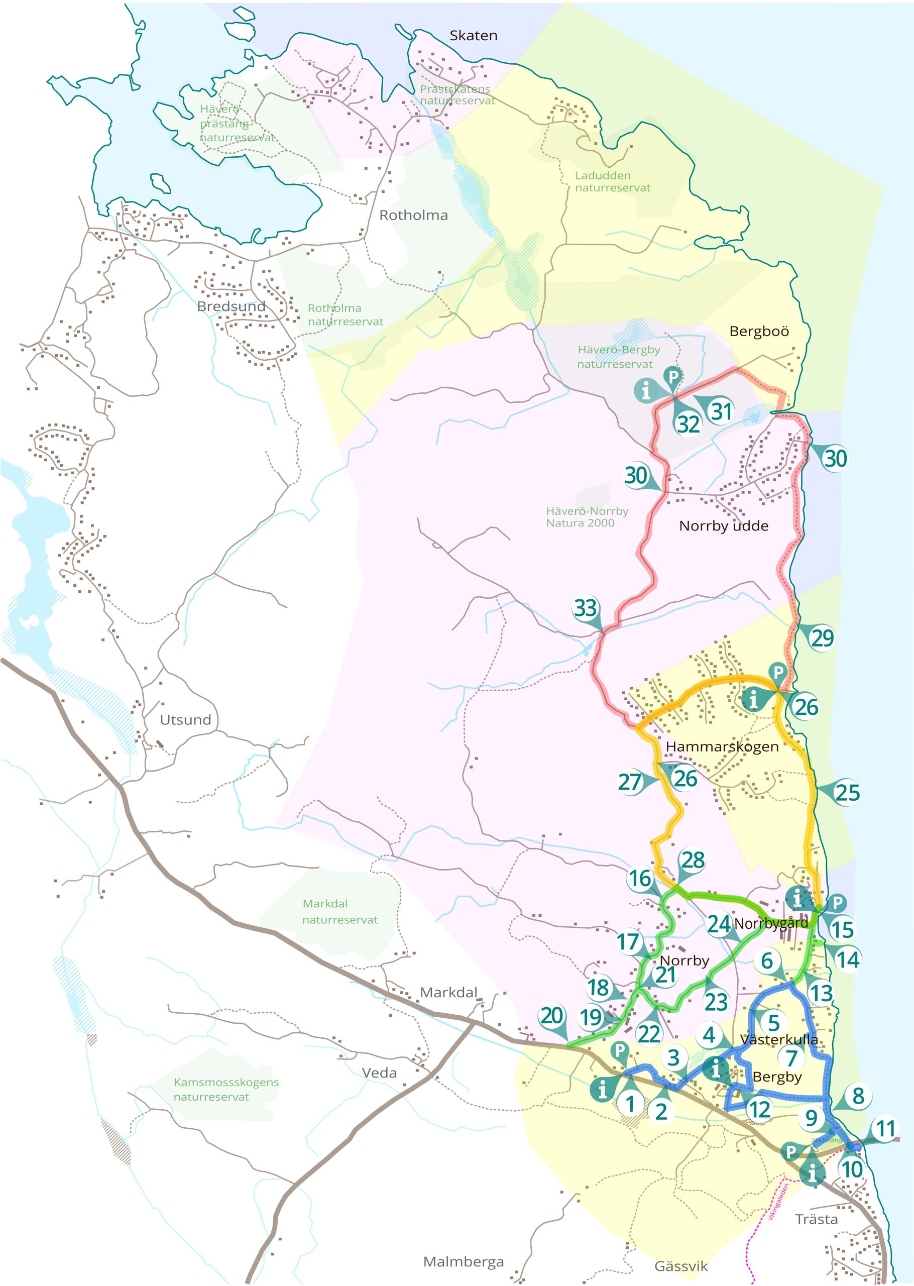 Karta över Minnenas stig med byarna färgmarkerade, Norrby i rosa och Bergby/Västerkulla i gult.